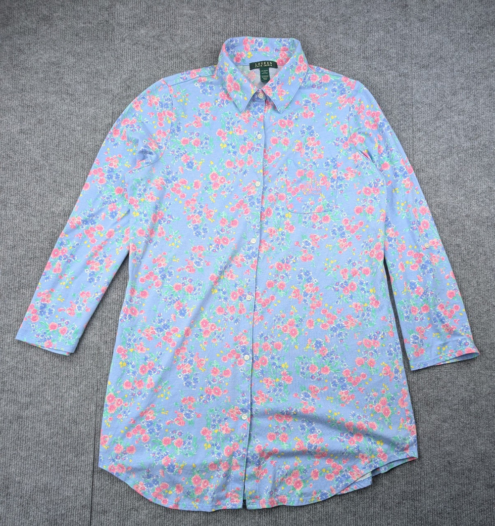 Ralph Lauren Sleep Shirt Dress Womens Large Floral Logo Embroidered Quiet Luxury